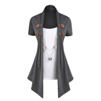 

Contrast Draped 2 In 1 T Shirt Short Sleeve Mock Button Tee With Butterfly Chain, Dark gray