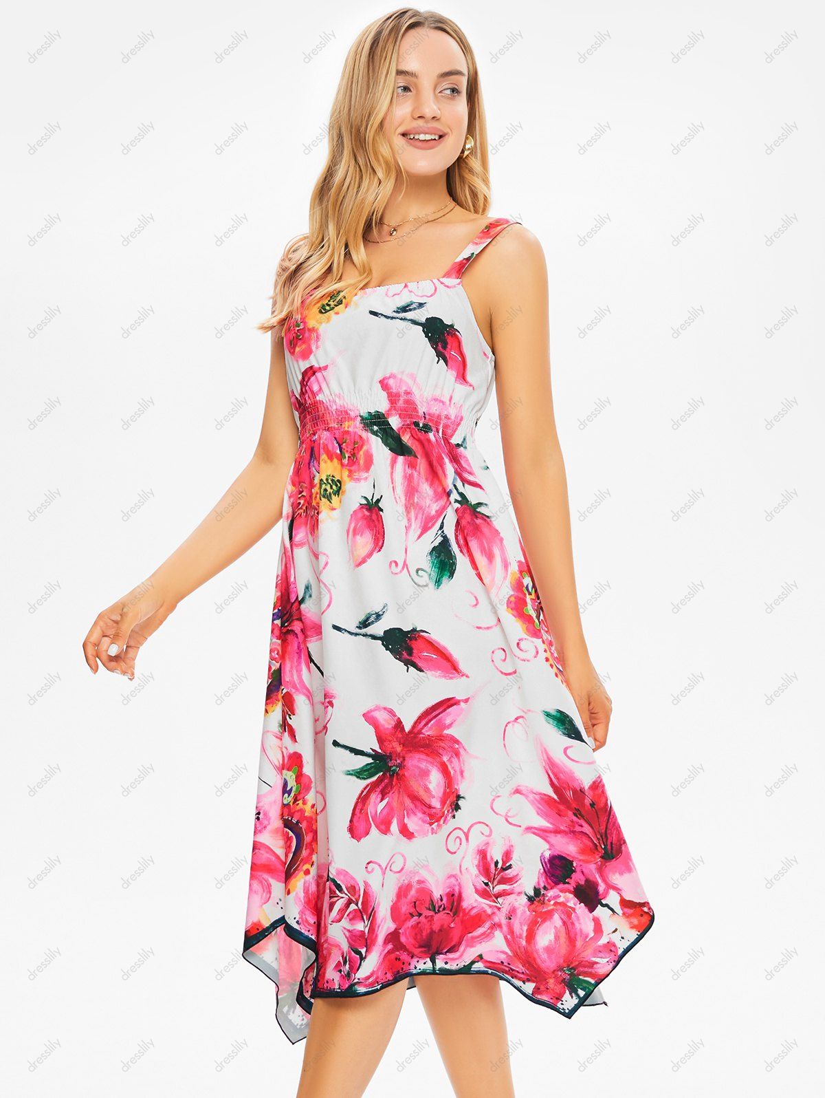 Vacation Flower A Line Midi Sundress Watercolor Print Asymmetric High Waist Dress 