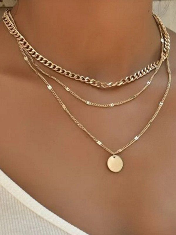 Layered Round Pattern Alloy Chain Necklace - GOLDEN 