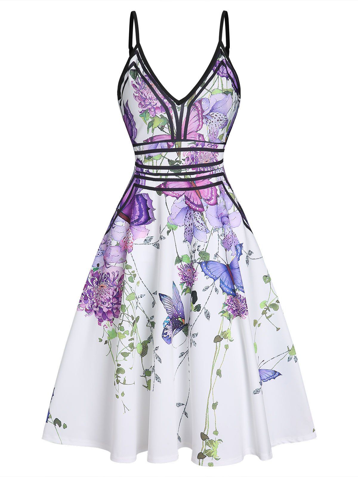 Vacation A Line Sundress Butterfly Flower Print Garden Party Dress Plunge Contrast Piping Summer Dress - LIGHT PURPLE L