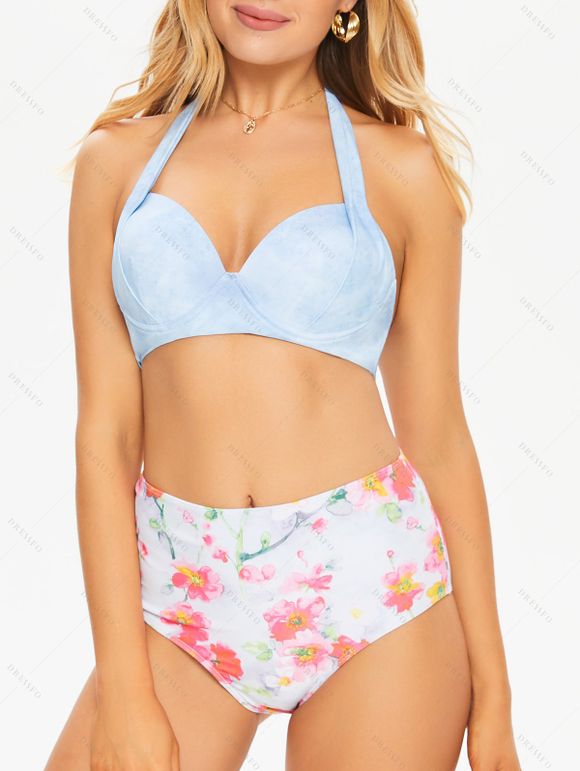 Maillot de Bain Bikini à Imprimé Fleuri à Taille Haute à Armature à Col Halter de Vacances - Rose clair XL