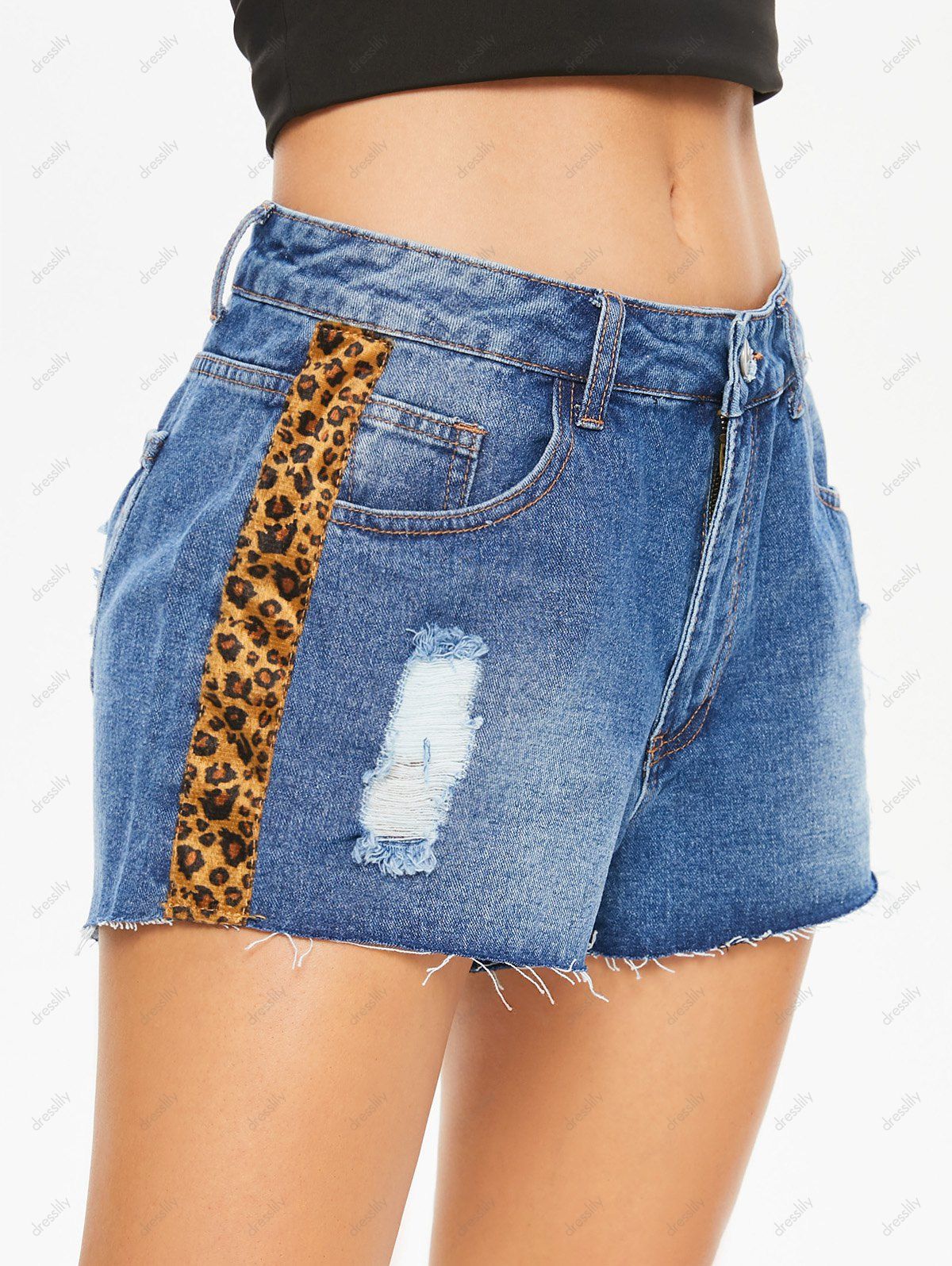 Short Jeans Leopard Print Insert Ripped Pockets Zipper Fly Skinny Summer Denim Shorts 