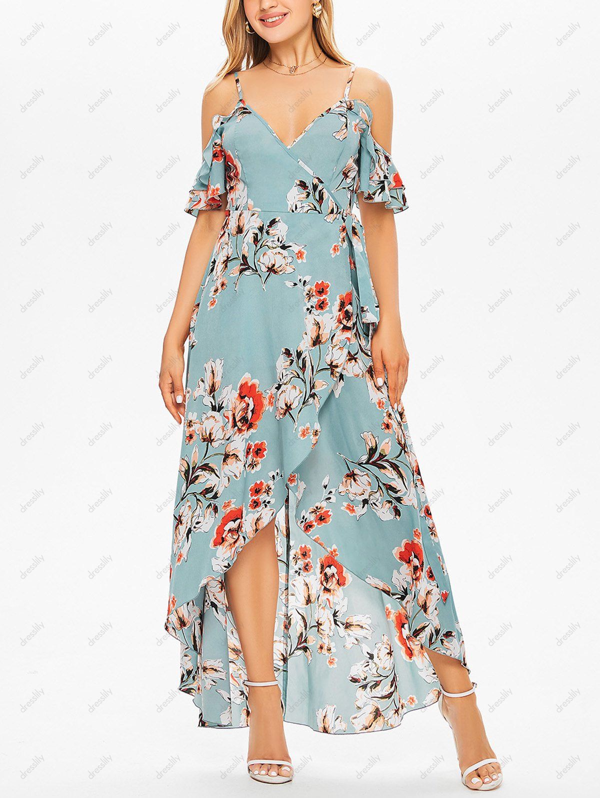 Vacation Chiffon Layered Dress Wrap Rose Flower Print Cold Shoulder Self Belted A Line Maxi Dress - LIGHT BLUE M
