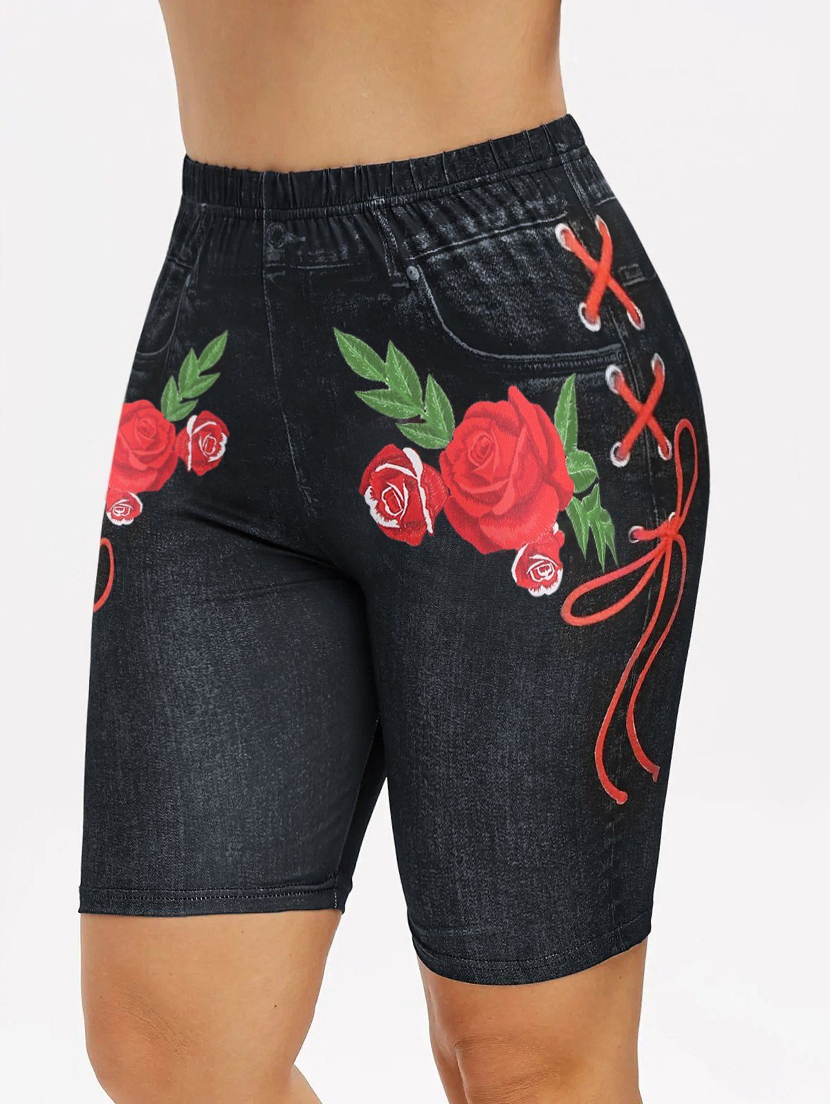 Summer Jeggings Rose 3D Print Elastic Waist Short Skinny Casual Leggings - BLACK XL
