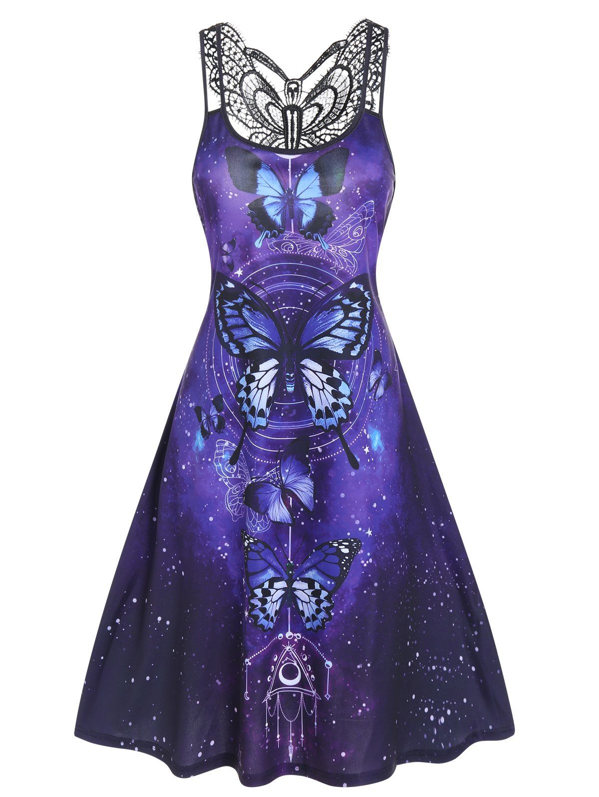 Casual Dress Galaxy Butterfly Print Hollow Out Lace Panel Dual Strap Sleeveless High Waist A Line Mini Summer Dress - BLACK L