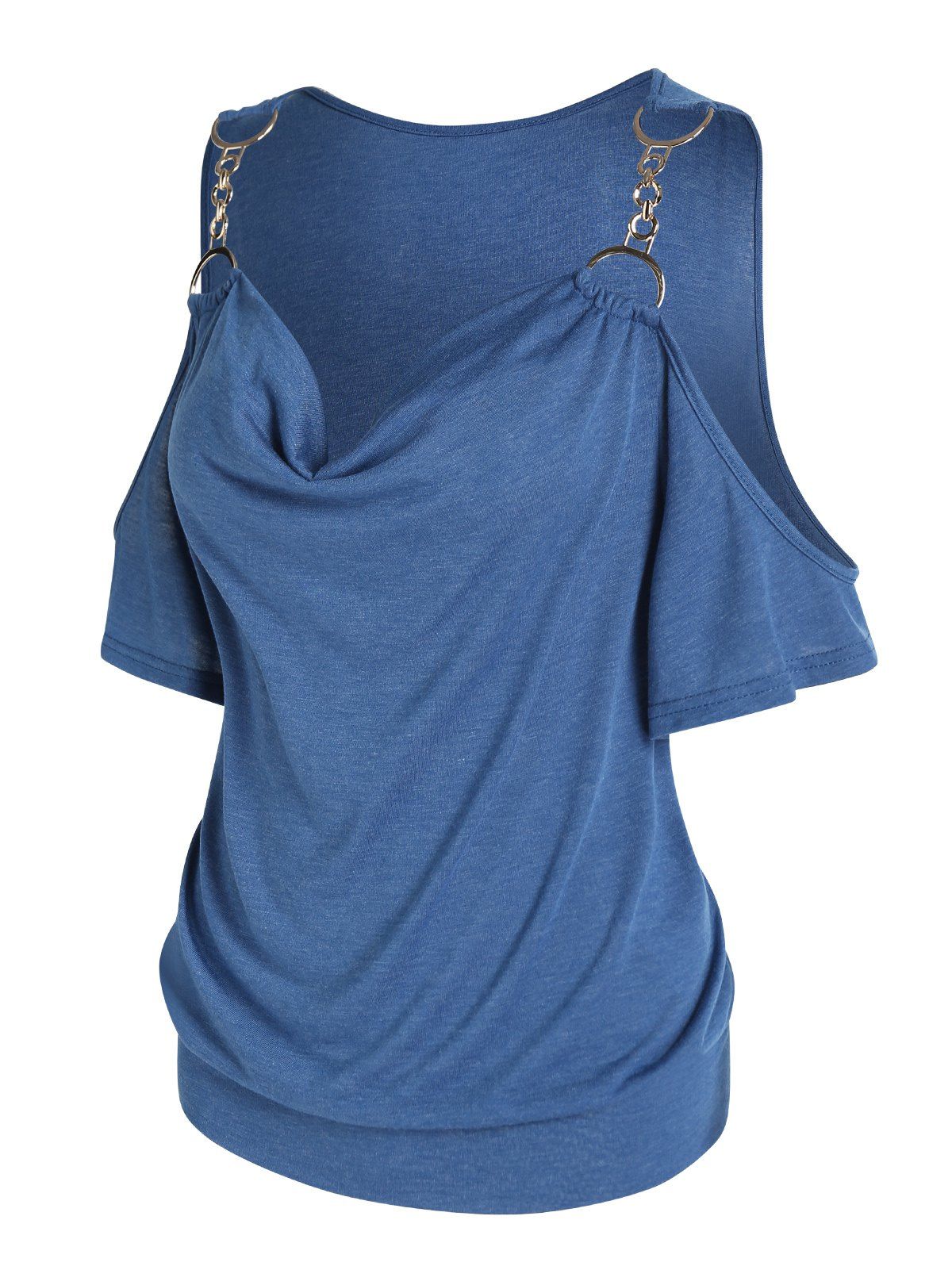 Casual T Shirt Solid Color T Shirt Draped Cowl Neck Short Sleeve Trendy Summer Tee - BLUE L