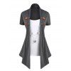 Contrast Draped 2 In 1 T Shirt Short Sleeve Mock Button Tee With Butterfly Chain - DARK GRAY M