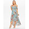 Vacation Chiffon Layered Dress Wrap Rose Flower Print Cold Shoulder Self Belted A Line Maxi Dress - LIGHT BLUE L