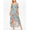 Vacation Chiffon Layered Dress Wrap Rose Flower Print Cold Shoulder Self Belted A Line Maxi Dress - LIGHT BLUE XL