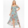 Vacation Chiffon Layered Dress Wrap Rose Flower Print Cold Shoulder Self Belted A Line Maxi Dress - LIGHT BLUE XXL