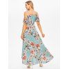 Vacation Chiffon Layered Dress Wrap Rose Flower Print Cold Shoulder Self Belted A Line Maxi Dress - LIGHT BLUE XXL