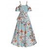 Vacation Chiffon Layered Dress Wrap Rose Flower Print Cold Shoulder Self Belted A Line Maxi Dress - LIGHT BLUE XXXL
