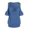 T-shirt D'Eté Décontracté Drapé en Couleur Unie Manches Courtes à Col Bénitier - Bleu L