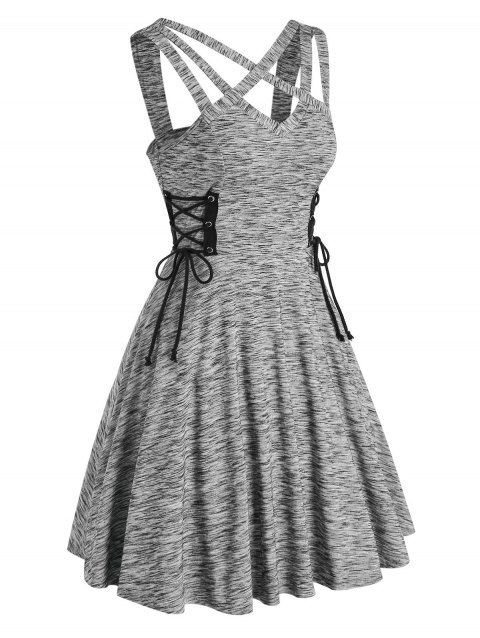 Space Dye Side Lace Up Mini Dress Criss Cross Straps Flare Dress Sleeveless Casual Dress