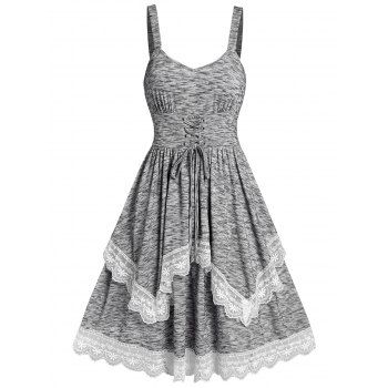 

Space Dye Casual Mini Dress Lace Up Floral Lace Panel Sleeveless Layered A Line Summer Dress, Light gray