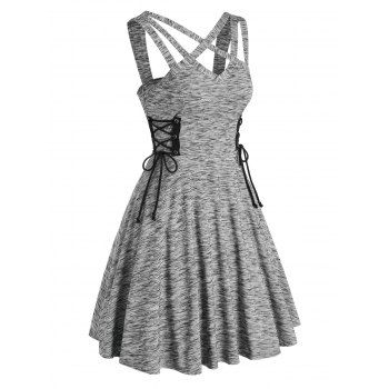 

Space Dye Side Lace Up Mini Dress Criss Cross Straps Flare Dress Sleeveless Casual Dress, Gray
