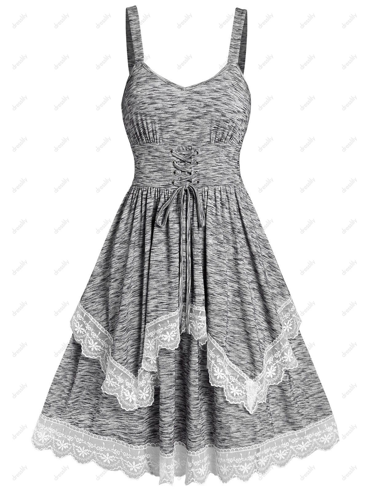 Space Dye Casual Mini Dress Lace Up Floral Lace Panel Sleeveless Layered A Line Summer Dress - LIGHT GRAY M