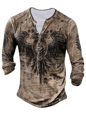 Vintage T Shirt Star Skull Shield Eagle Print Long Sleeve Round Neck Half Button Casual Tee