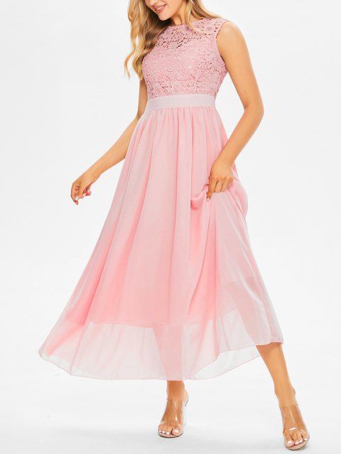 Chiffon Maxi Dress Floral Lace Panel Hollow Out Crisscross Cut Out Bowtie High Waist A Line Summer Dress