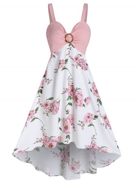 Flower Print Garden Party Dress O Ring Ruched Bust Cottagecore Midi Dress Empire Waist Vacation Cami Dress