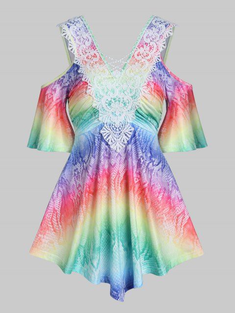 Colorful Rainbow Print T Shirt Cold Shoulder Flower Crochet Lace Summer Tee