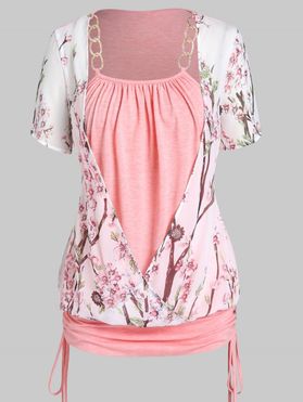 Plus Size & Curve Faux Twinset Top Peach Blossom Print Top Chain Surplice Ruched Cinched Tie Short Sleeve Top