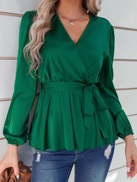 Long Sleeve Blouse Pure Color Blouse V Neck Belted Satin Top
