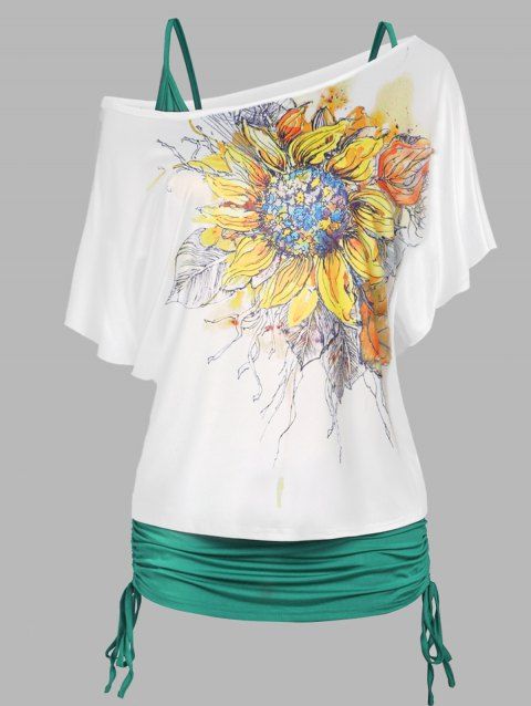 Vacation Feather Sunflower Print Dream Catcher T Shirt and Cinched Cami Top Two Piece Set