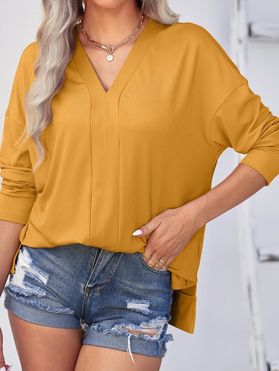 Casual Knitwear Solid Color Knit Top Textured V Neck Slit Long Sleeve Trendy Top