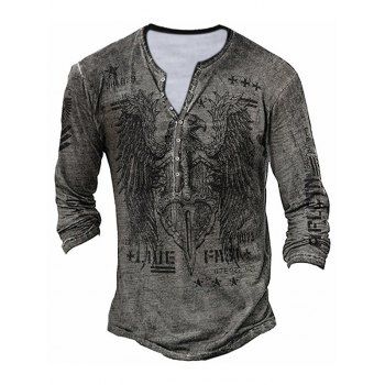 Casual T Shirt Number Cross Eagle Print Half Button Long Sleeve Spring Tee
