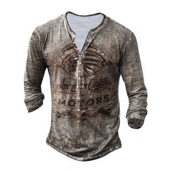 

Casual T Shirt Letter Printed Half Button Round Neck Long Sleeve Vintage Tee, Light coffee