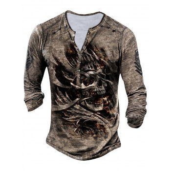 

Gothic T Shirt Skull Print Half Button Round Neck Long Sleeve Spring Casual Tee, Light coffee