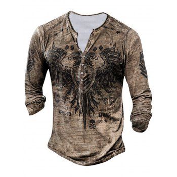 

Vintage T Shirt Star Skull Shield Eagle Print Long Sleeve Round Neck Half Button Casual Tee, Light coffee