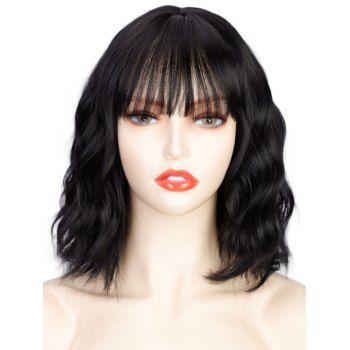 

Wavy Wig Short Wig Medium Full Bang Solid Color Trendy Women Synthetic Hair, Black