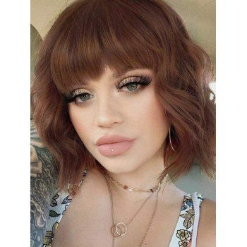 

Wavy Wig Short Wig Medium Full Bang Solid Color Trendy Women Synthetic Hair, Deep coffee