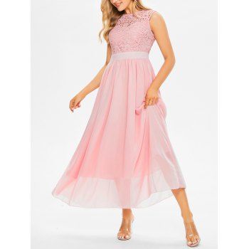 

Chiffon Maxi Dress Floral Lace Panel Hollow Out Crisscross Cut Out Bowtie High Waist A Line Summer Dress, Light pink