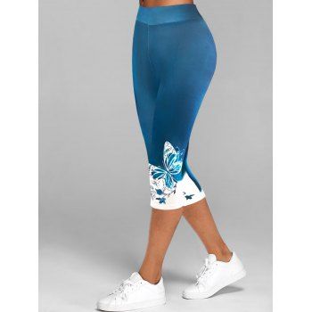 

Colorblock Ombre Butterfly Floral Print Capri Leggings, Blue