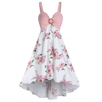 

Flower Print Garden Party Dress O Ring Ruched Bust Cottagecore Midi Dress Empire Waist Vacation Cami Dress, Light pink