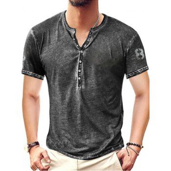

Casual T Shirt Heather Number Print Half Button Round Neck Short Sleeve Summer Tee, Black