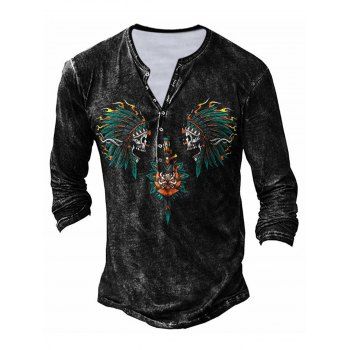 

Casual T Shirt Tribal Skull Print Half Button Long Sleeve Round Neck Trendy Spring Tee, Black