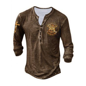 

Vintage T Shirt Badge Cross Print Half Button Long Sleeve Round Neck Casual Tee, Brown