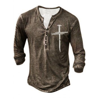 

Casual T Shirt Cross Print Heather Half Button Long Sleeve Spring Tee, Light coffee