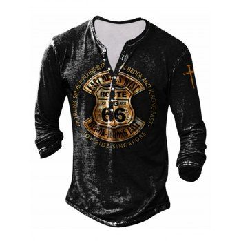 

Vintage T Shirt Badge Letter Cross Print Long Sleeve Half Button Round Neck Casual Tee, Black