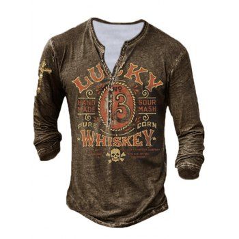 

Casual T Shirt Letter Number Skull Print Half Button Long Sleeve Round Neck Spring Tee, Brown