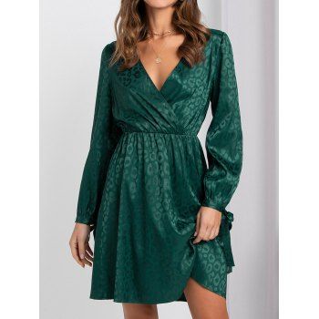 

Casual Dress Printed Satin Dress Tied Slit Long Sleeve Plunging Neck A Line Mini Dress, Deep green