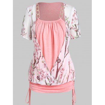 Plus Size & Curve Faux Twinset Top Peach Blossom Print Top Chain Surplice Ruched Cinched Tie Short Sleeve Top