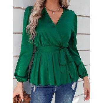 

Long Sleeve Blouse Pure Color Blouse V Neck Belted Satin Top, Green