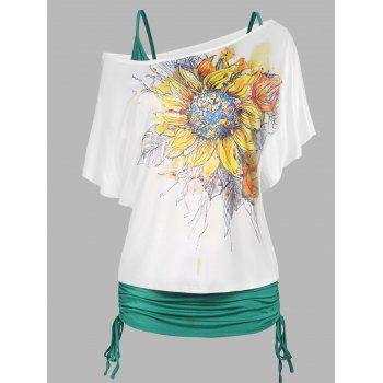 

Vacation Feather Sunflower Print Dream Catcher T Shirt and Cinched Cami Top Two Piece Set, White