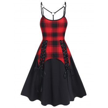 

Vintage Dress Plaid Print Dress Lace Up Cut Out Sleeveless High Waist A Line Midi Summer Dress, Black