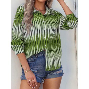 

Casual Shirt Printed Shirt Curved Hem Turn Down Collar Long Sleeve Button-up Shirt, Green